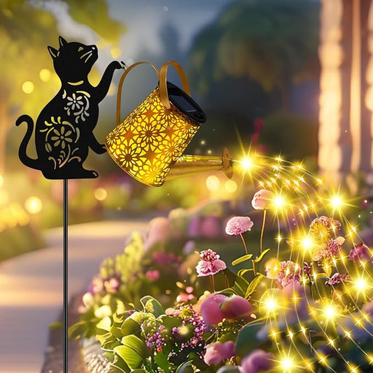 Solar Lights Outdoor Decorative, Watering Can with Cascading Lights, with Cat Silhouette Garden Stakes, Waterproof Metal Garden Decor for Yard Art, Outside, Patio, Lawn Ornaments