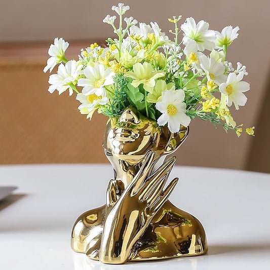 BrownLove Golden Ceramic Face Vase, Modern Golden Decorative Art Vase, Bookshelf Placed On The Desktop, Small Living Room, Office and Bedroom
