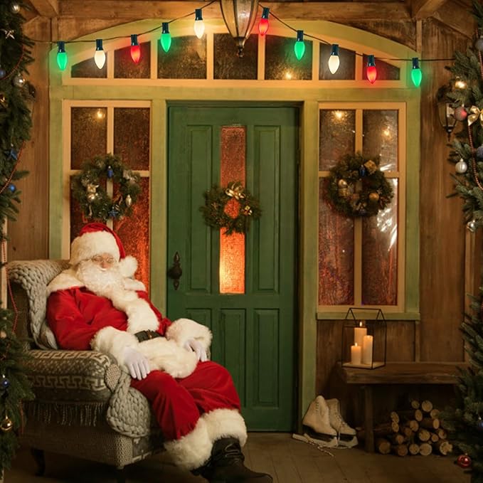 C7 Christmas String Lights, 25Ft Outdoor Decorations With 27 LED Red White and Green Shatterproof Bulbs, Hanging Patio Lights for Tree Backyard Holiday Party Decor