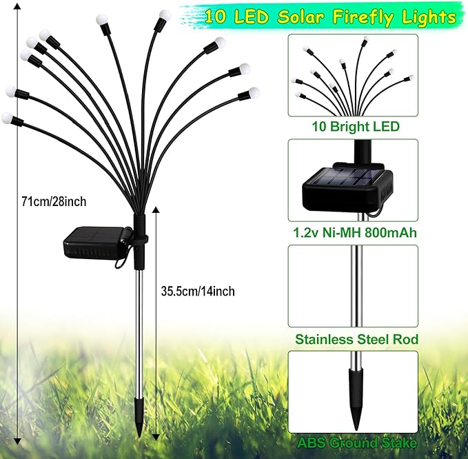 Kohlrabi Solar Garden Lights Outdoor, 4 Pack 40 LED Green Firefly Lights Waterproof, Starburst Solar Wind Swaying Light for Outside Yard Patio Planter Flower Bed Walkway Christmas Decoration