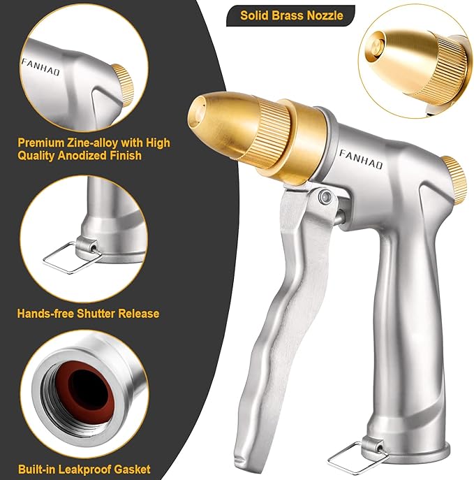 FANHAO Garden Hose Nozzle with Brass Tip, 100% Heavy Duty Metal Spray Nozzle High Pressure Water Nozzle with Adjustable Spray Patterns for Watering Plants, Washing Cars and Showering Pets