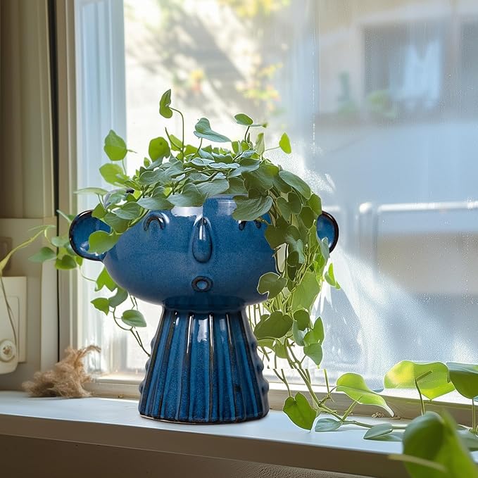 Head Planter Pot - 7 Inch Cute Face Planter for Indoor Outdoor Plants Ceramic Succulent Pot Round Flower Pot Present for Mother Christmas with Drainage Hole Blue
