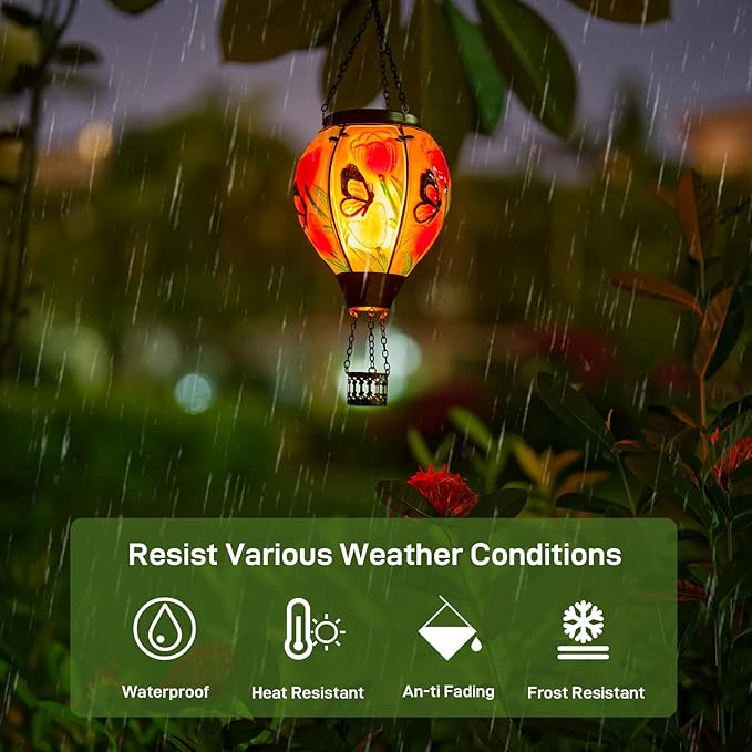 Butterfly Flower Solar Hot Air Balloon Lantern with Flame, Glass Balloon Lantern Outdoor Waterproof Lights, Hanging Solar Lights for Outside Garden Patio Porch Tree Yard Gift for Mom