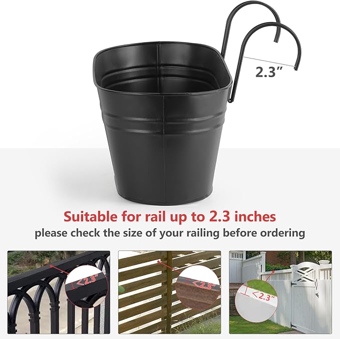 Dahey 3 Pcs Metal Hanging Flower Pots for Railing Fence Outdoor Planter 15.7 Inch Hanging Bucket Pots Countryside Window Flower Plant Holder with Detachable Hooks for Garden Yard Home Decor,Black
