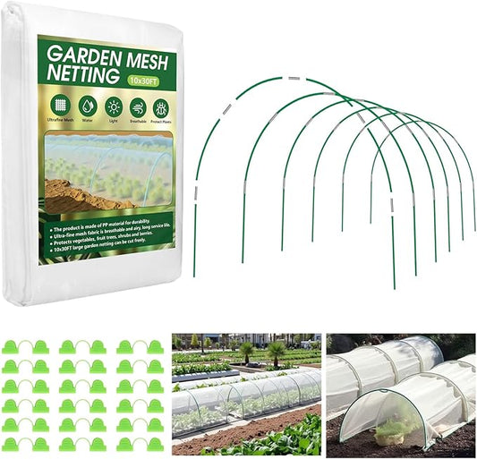 Garden Netting Kit for Raised Beds, 10x30FT Ultra Fine Mesh Netting＆ 6 Sets of 8FT Fiberglass Garden Hoops, Bird Barrier Protection Net Vegetable Plant Cover Fruit Flowers Row Cover