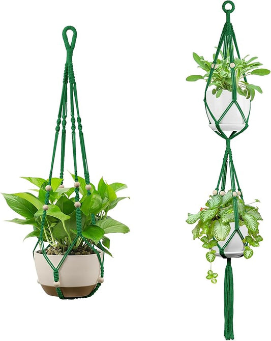 USLAI Macrame Plant Hanger Indoor Outdoor, Up to 4-15 inch Pot, Heavy 20lb Planters, Extra Long Strong Hanging Planter Basket Holder, Boho Home Decor, 35+49 Inch, Green (POTS NOT Included)