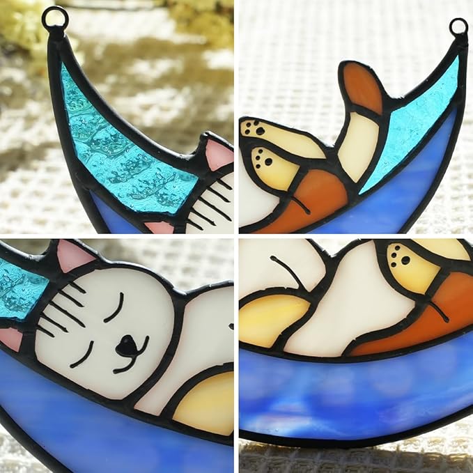 BOXCASA Sleeping Cat Stained Glass Windown Hanging,Cat on Moon Beautiful Handcrafted Sun Catcher Gifts for Daughter,Mothers Day,Christmas and Cat Lover