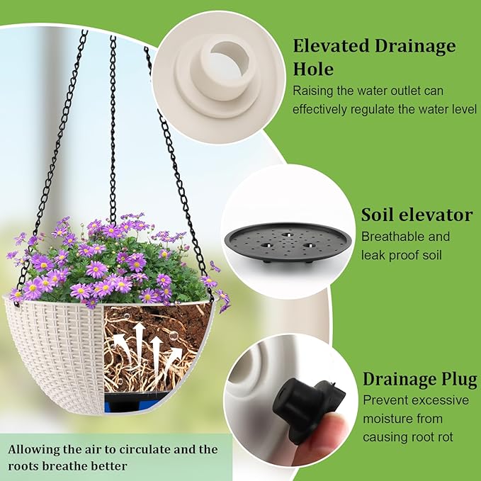 Hanging Planters for Indoor Outdoor Plants 8/10 Inch, 4 Packs Plant Hanger with Drainage Holes, Hanging Basket Flower Pot Perfect for Home, Office and Garden,White