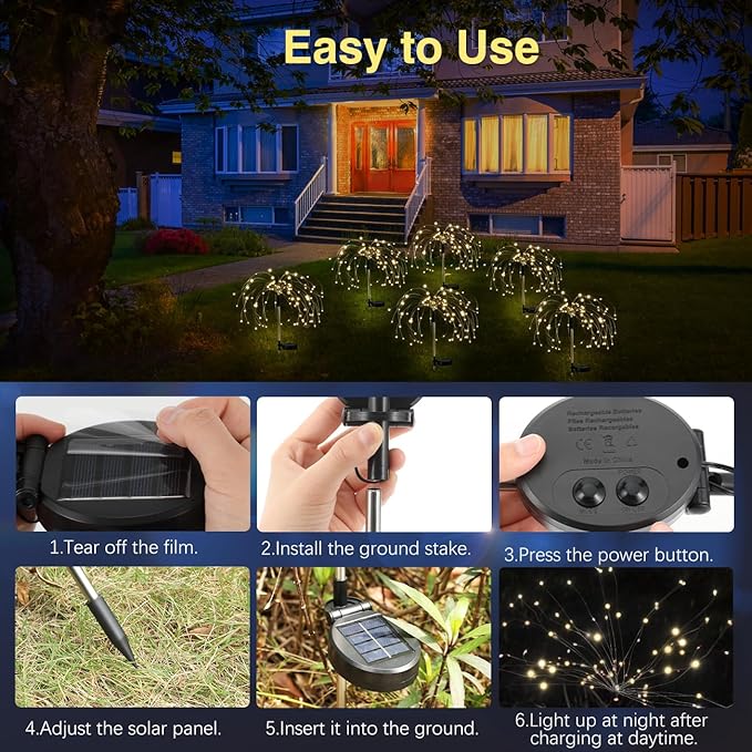 Firework Solar Garden Lights 4 Pack, 120 LED Solar Firework Lights with 8 Lighting Modes, Waterproof Sparkler Starburst Solar Lights Outdoor for Yard Porch Patio Backyard, Warm