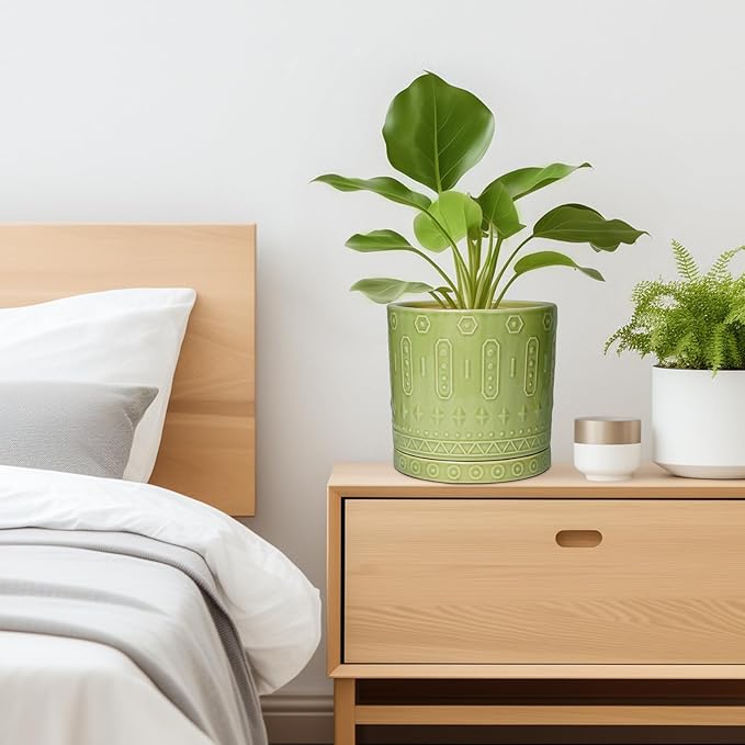 8 Inch Plant Pots - Ceramic Planter for Indoor Plants Outdoor, Round Ceramic Flower Pots with Drainage Hole and Saucer, Boho Decorative Planter, Home Bedroom Decor, Birthday Gifts, Green