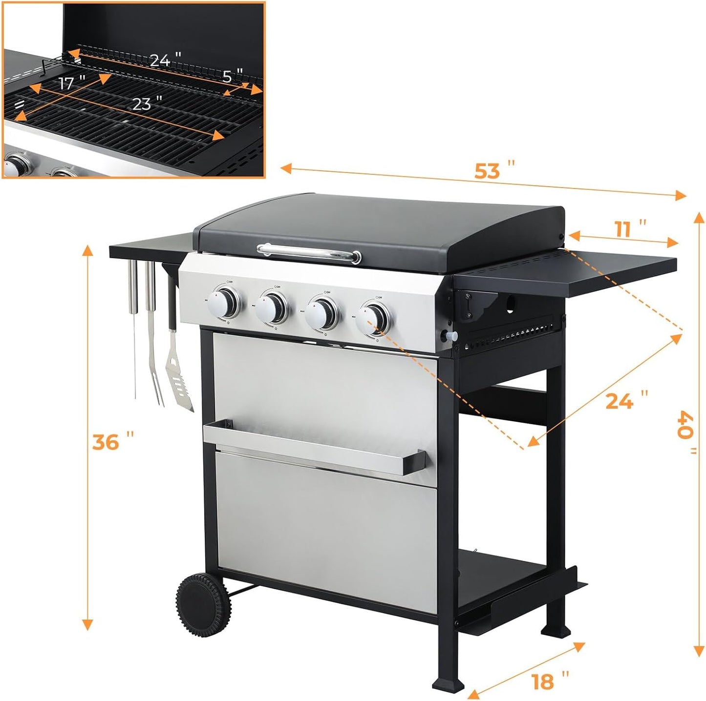 4 Burner Propane Grill with Built-in Thermometer, Durable Lid, Wheels, Foldable Side Tables, Stainless Steel Grilling Pan, 49,200 BTU Gas Grill for Patio, Garden Barbecues