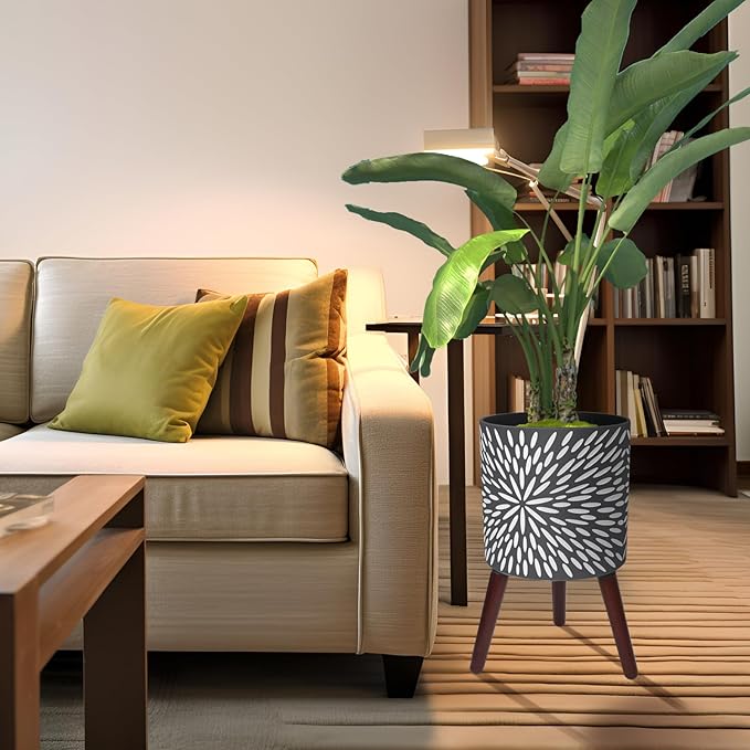 10 Inches Plant Pot with Stand, Large Modern Standing Planters for Indoor Plants with Drainage Holes, Gray Flower Pots with Legs