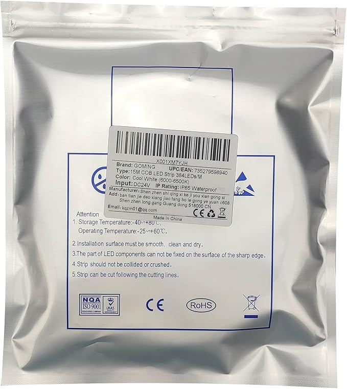 15M/49.2ft 24V COB LED Strip Light Waterproof IP65 Cool White 6000K Uniform Glow 5760LEDs CRI 93+ Flexible LED Tape Lights for DIY Cabinet Bedroom Kitchen Home Decor(No Power Supply)