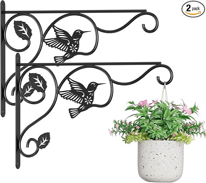 2 Pack Heavy Duty Plant Hooks for Hanging - 12 Inch Metal Wall Hangers Indoor/Outdoor, Sturdy Plant Bracket for Bird Feeders, Planters, Lanterns, Wind Chimes - Patio, Garden, Home Decor (Black)