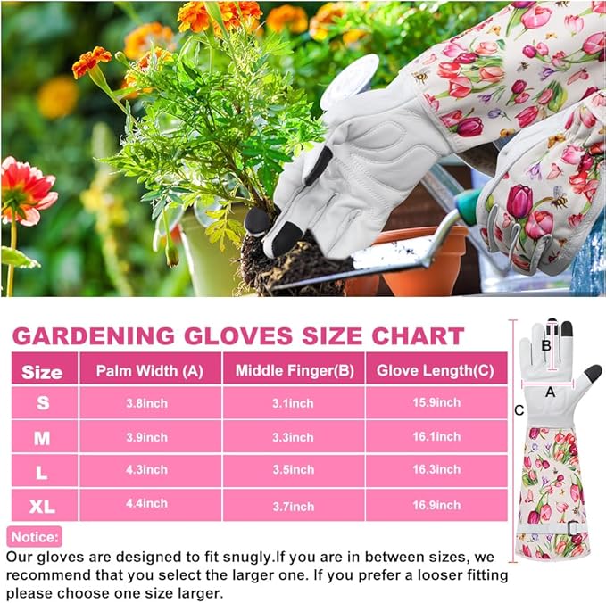 DLY Gardening Gloves for Women, Rose Gloves Gardening Thorn Proof, Long Garden Gloves for Women, Breathable Cowhide Leather Gauntlet(Large,White)