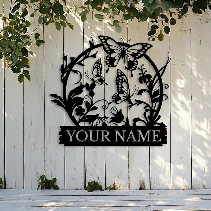 Custom Butterfly Metal Sign,Personalized Butterfly House Number Signs,Personalized Gardener Name Sign,Garden Patio Wall Decor (Style-4)