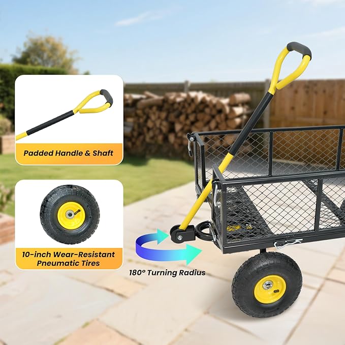 900 lbs Steel Garden Cart, Heavy Duty Yard Utility Wagon with 10" Pneumatic Tires, Removable Mesh Sides and 180° Rotating Anti-Slip Handle