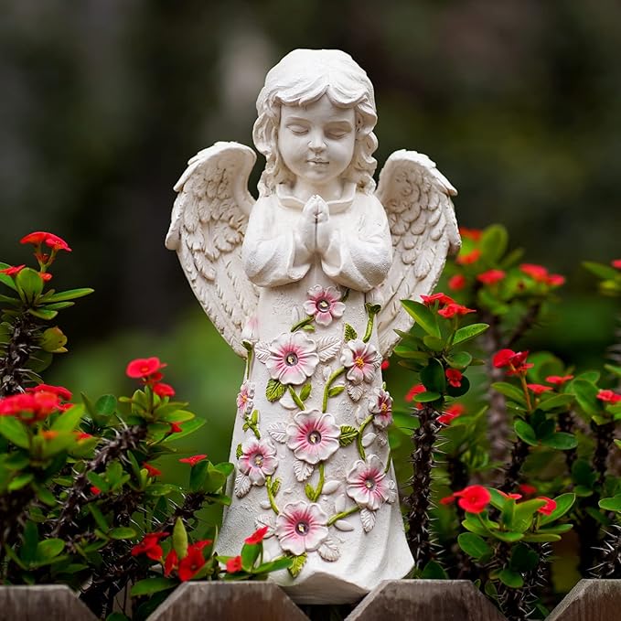 Nacome Solar Garden Outdoor Statues Angel with Succulent and 7 LED Lights – Lawn Decor for Patio, Balcony, Yard Ornament - Unique Housewarming Gifts