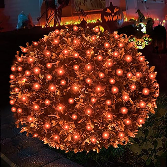 HISHINY Halloween Lights Outdoor,100LED 5ftx5ft Orange Net Lights with Connectable, Waterproof,UL Certified and Durable Green Wire Design for Bushes,Shrubs,Halloween Decorations Outdoor