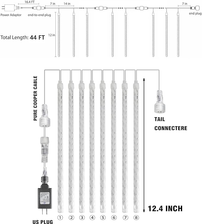 Dazzle Bright 864 LED Christmas Light, Meteor Shower Rain Lights 11.8 Inch 24 Tubes, Waterproof Plug in Falling Rain Lights Decorations for Xmas Tree Yard Party (Warm White)