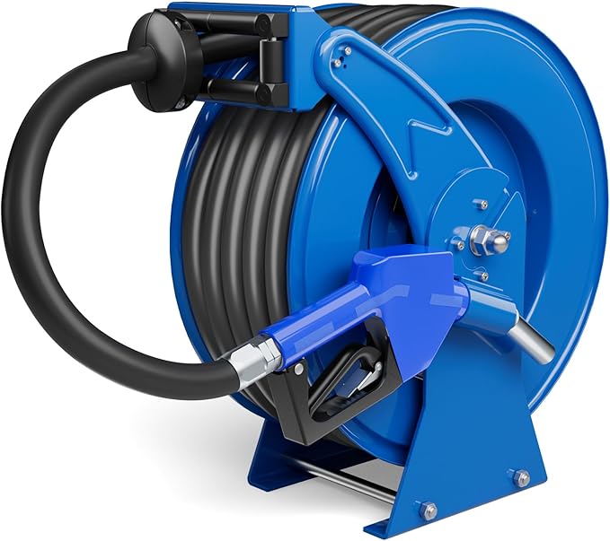 Fuel Hose Reel Retractable with Fueling Nozzle, 3/4" x 50" Heavy Duty Steel, 300PSI Industrial Auto Swivel, Spring Driven Diesel Hose Reel for Construction Farm Ship Vehicle Tank, Blue
