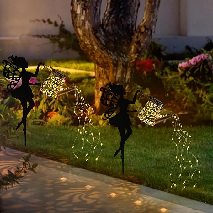 2 Pack Outdoor Decor Solar Watering Can with Cascading Lights - 24 Inch Garden Decor for Outside - Metal Outdoor Path Lights - Garden Solar Lights for Lawn Walkway Yard Decor(36 LED String Lights)