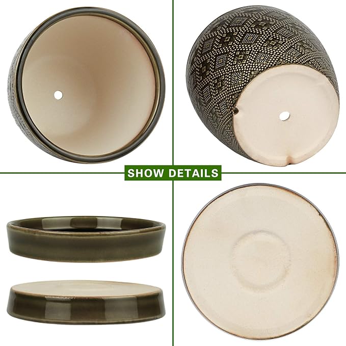 Docrin Ceramic Plant Pots Indoor: 6.6 + 5.5 Inch Planters with Drainage Holes and Saucer for Home/Office - Set of 2 /Dark Green