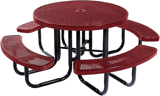 Heavy-Duty Portable Outdoor Picnic Table with Umbrella Hole, Punched Steel Commercial-Grade Patio Dining Furniture Made in America (46" Round Top, Burgundy)