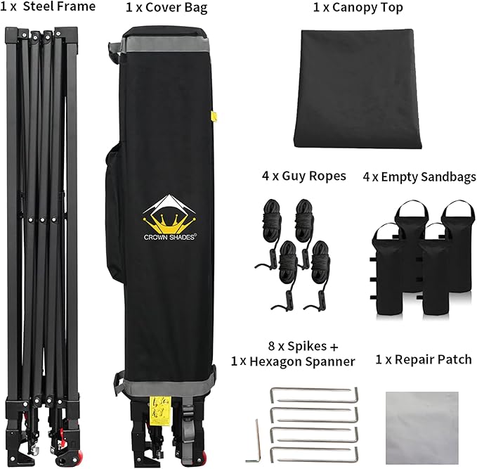 CROWN SHADES 10x10 Pop Up Canopy Tent - Patented Center Lock One Push Instant Outdoor Canopy Beach Tent with STO-N-Go Bag 8 Stakes & 4 Sand Bags，Black