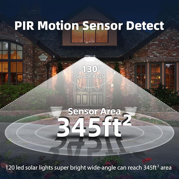 HMCITY 120 LED Outdoor Solar Lights with Motion Sensor and 3 Lighting Modes, IP65 Waterproof Wide Solar Wall Lights Ideal for Garden Patio Yard (Front Button 4Packs, Daylight White)