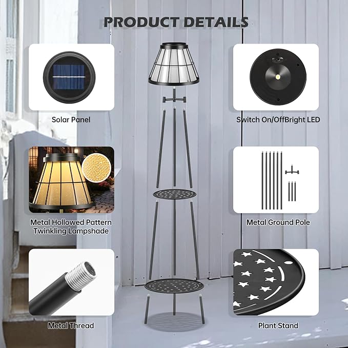 2 Pack Solar Lights Outdoor with Plant Stands, Solar Floor Lamp Metal Tripod Patio Lights for Garden Yard Pathway Driveway Front/Back Porch Decoration