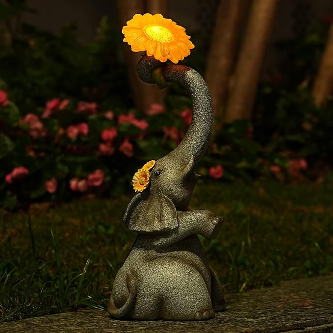 Elephant Sunflower Garden Decor, 14.3" Solar Large Garden Statue, Outdoor Yard Decor, Gifts for Mom, Grandma