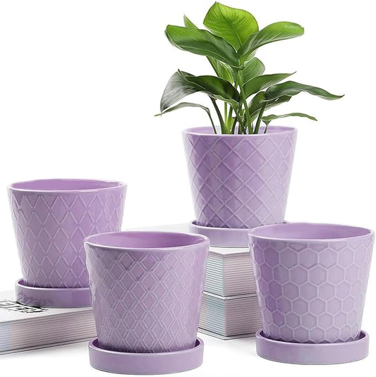 Plant Pots Indoor –5 in Ceramic Flower Pot with Drainage Hole and Ceramic Tray - Gardening Home Desktop Office Windowsill Decoration Gift, Set of 4 - Plants Not Included(Purple)
