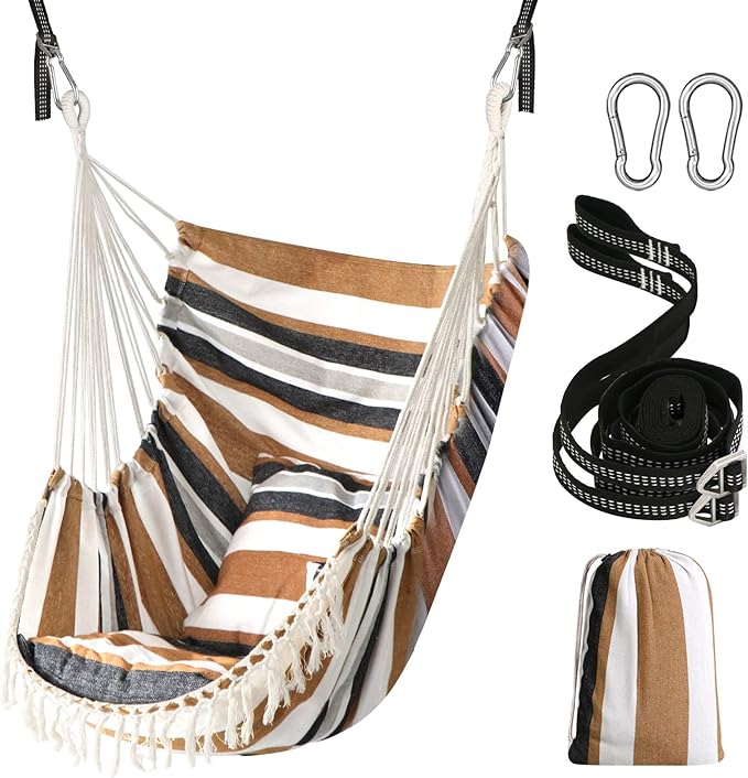 Chihee Hammock Chair Hanging Swing 2 Pillows Included,Strong Webbing Straps and Hooks for Easy Hanging Soft Cotton Hanging Chair Side Pocket Tassel Chair Comfort Indoor Outdoor Brown Stripes