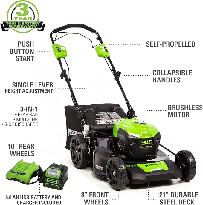 Greenworks 40V 21" Self-Propelled Lawn Mower,Axial Leaf Blower(500 CFM / 120 MPH),13" String Trimmer, 160 PSI Portable Tire Inflator, Includes 2 Batteries(5Ah+2Ah) & Chargers