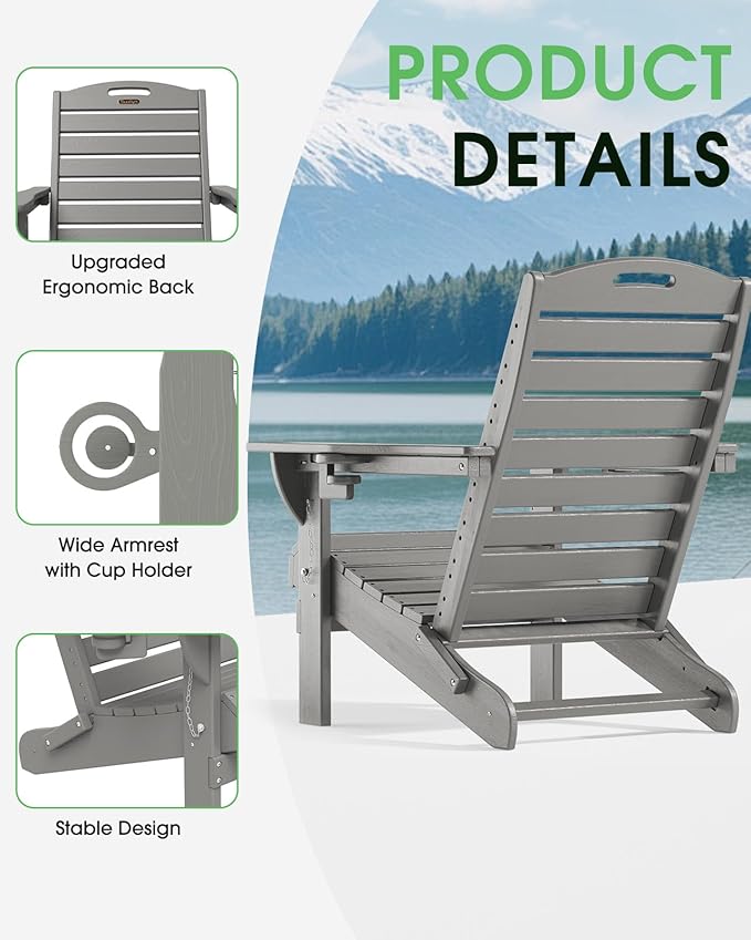 Adirondack Chair Folding HDPE Adirondack Chairs with Cup Holder, Outdoor Fire Pit Chairs All-Weather Lawn Chair for Deck Patio Garden (Grey)