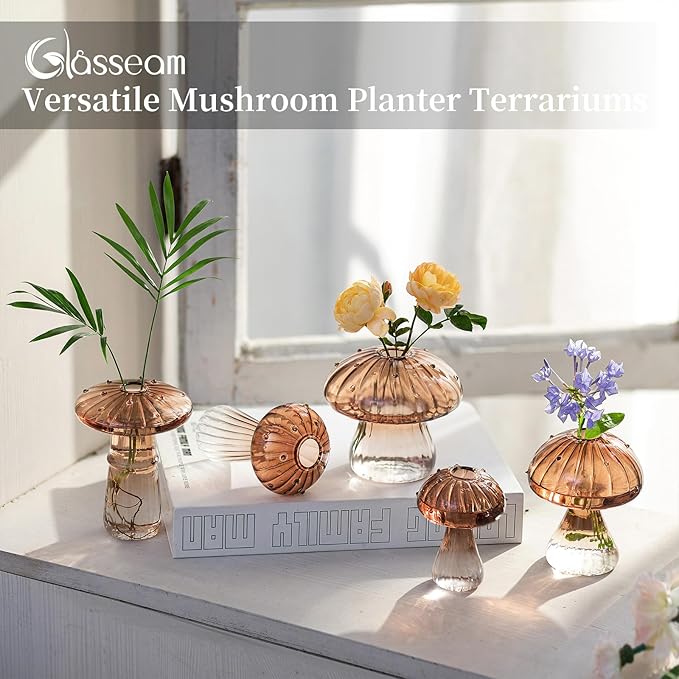 Glasseam Mushroom Plant Propagation Stations: Amber Glass Terrarium Jar Set of 10 Cute Planters for Indoor Plants Mini Propagate Station Unique Christmas Birthday Gifts for Women Home Office Decor