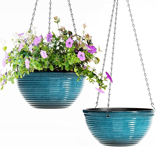 2 Pack Hanging Planters for Indoor Outdoor Plants, 10 Inch Hanging Planter with Drainage Hole & Plug Glazed Hanging Baskets Flower Pots for Garden Home (Blue)