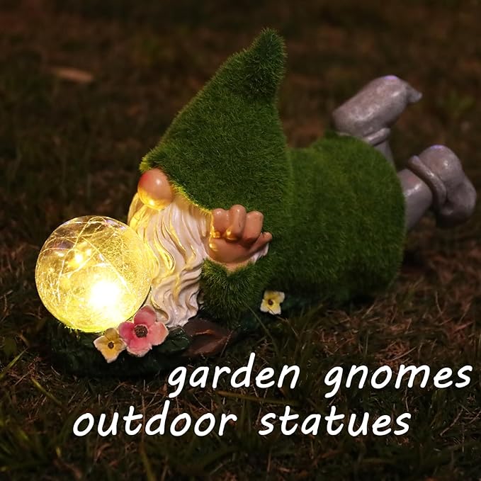 Garden Gnome Statue with Solar Crackle Glass Globe Lights, Resin Gnomes Statue, Patio Yard Lawn Porch Outdoor Garden Decor Christmas Housewarming Gift