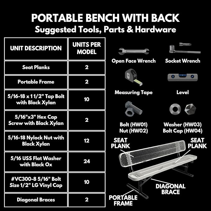 Coated Outdoor Furniture Heavy-Duty Portable Outdoor Bench Thermoplastic Coated, Expanded Metal, Commercial-Grade Seating, Made in America (Portable with Back, 6 Ft, Black)