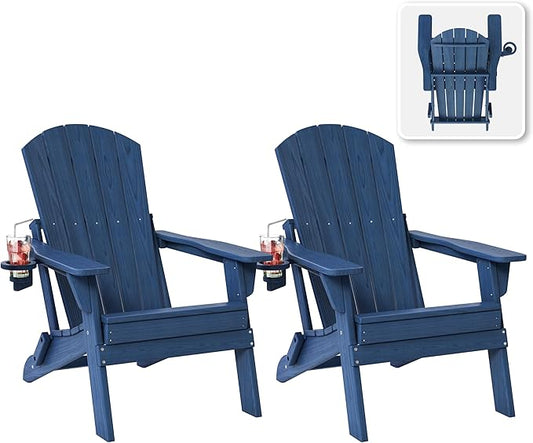 Folding Adirondack Chair Set of 2 with Cup Holder, HDPE All Weather Resistant Plastic Outdoor Patio Chairs, Heavy Duty Fire Pit Seating for Backyard Lawn Garden, Wooden Textured Design(Navy Blue)