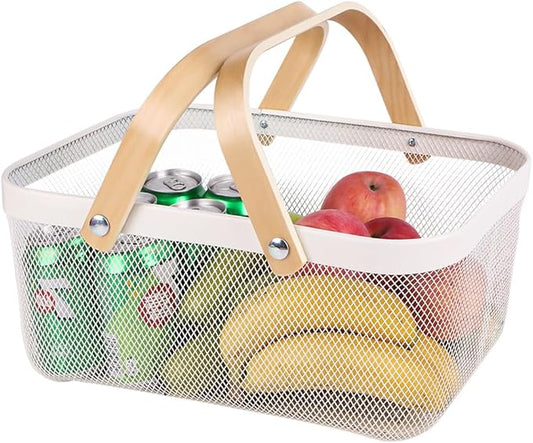 Portable Mesh Harvest Basket - Natural Bamboo Handle Foldable Organizer for Kitchen, Garden & Picnic | Ventilated Storage Bin with Rust-Proof Wire, Space-Saving Farmhouse Decor (White)