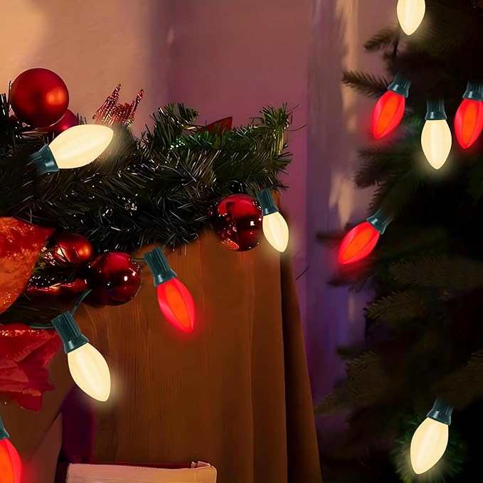 C7 LED Red and White Christmas Lights, 25Ft Outdoor Christmas String Lights with 27 LED Red and White Plastic Bulbs, Vintage Christmas Light for Outside Patio Christmas Tree Cafe Party House Decor