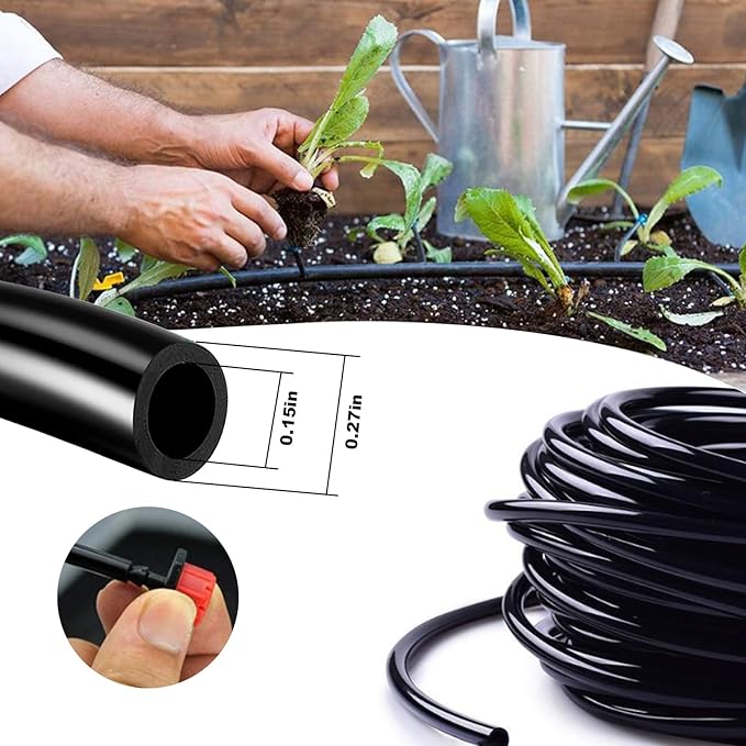Drip Irrigation Tubing 100 Feet 1/4 drip Irrigation Drip Line Irrigation Hose with 5 Pcs 4/7 Drip Irrigation Tees, 15 Pcs 4/7 Straight, Drip Irrigation Kit (100FT)