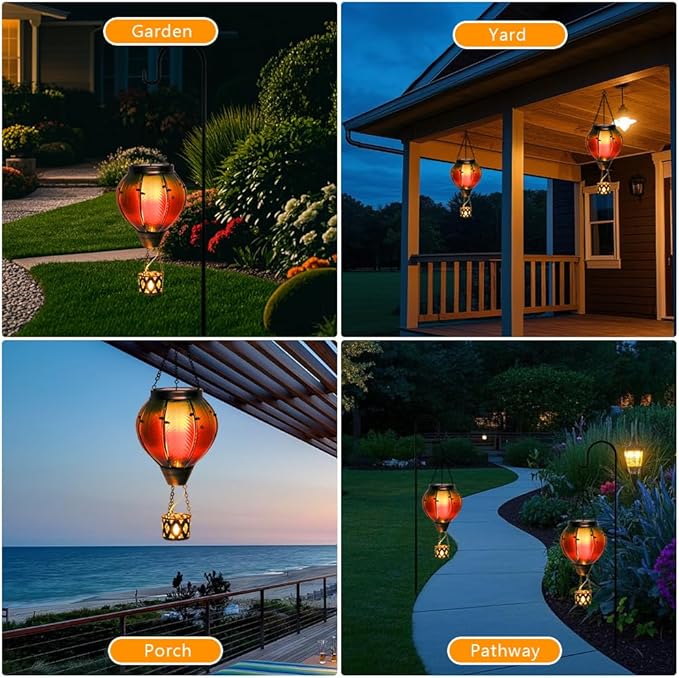 Colorful Solar Hot Air Balloon Lantern with Flame Flickering LED Glass Hanging Solar Lanterns Outdoor Waterproof Hot Air Balloon Lights for Patio Yard Garden Decor,Mother Day Gifts for Women