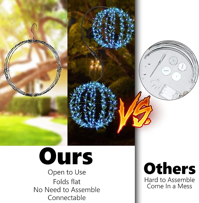 Flacchi Hanging Iron Sphere Lights with Artificial Greenery – 12Inch 120 LED Waterproof Outdoor/Indoor Decor Ball Light with Timer & 8 Modes – 2 Pack for Garden, Christmas, Weddings (Blue)