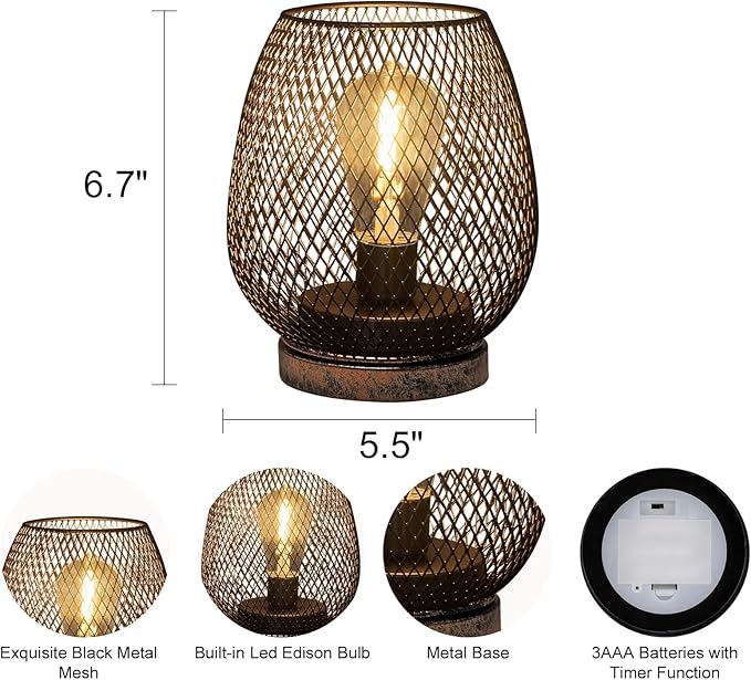 2 Pack Battery Operated Lamp Outdoor Table Lantern,Metal Cage Cordless Lamps with LED Bulb for Weddings Parties Patio Events Indoor Outdoor Patio Bedroom Living Room(Bronze)