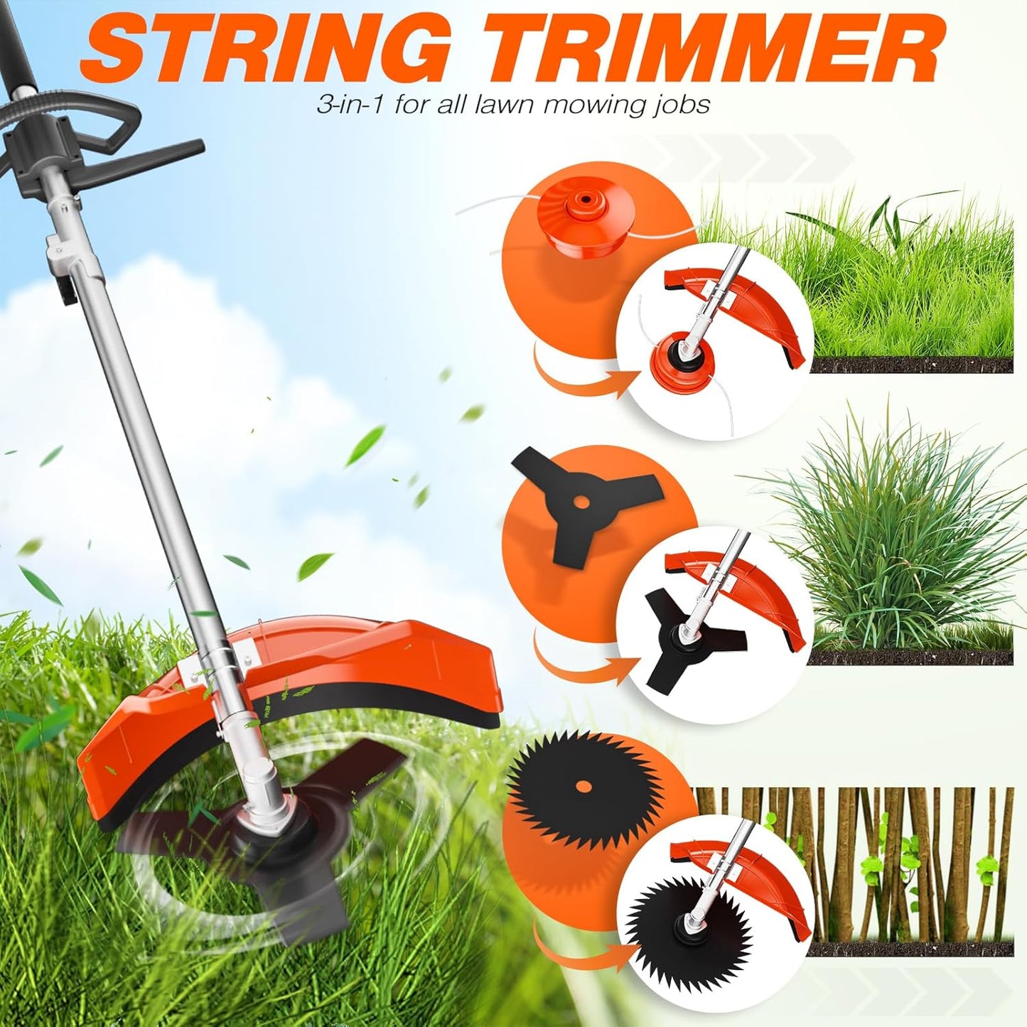 6 in 1 52cc Brush Weed Cutter Petrol Hedge Trimmer Grass Pruner Chainsaw Trimmer with Four Mowing Heads for Gardening Care