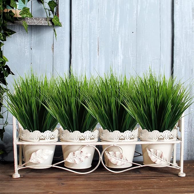 8 Pack Artificial Plants Flowers Grass Shrubs No Fade Faux Plastic Flowers Outdoor for Farmhouse Garden Porch Patio Indoor Wedding Decoration Greenery Fake Plants uv Resistant (3#Green)