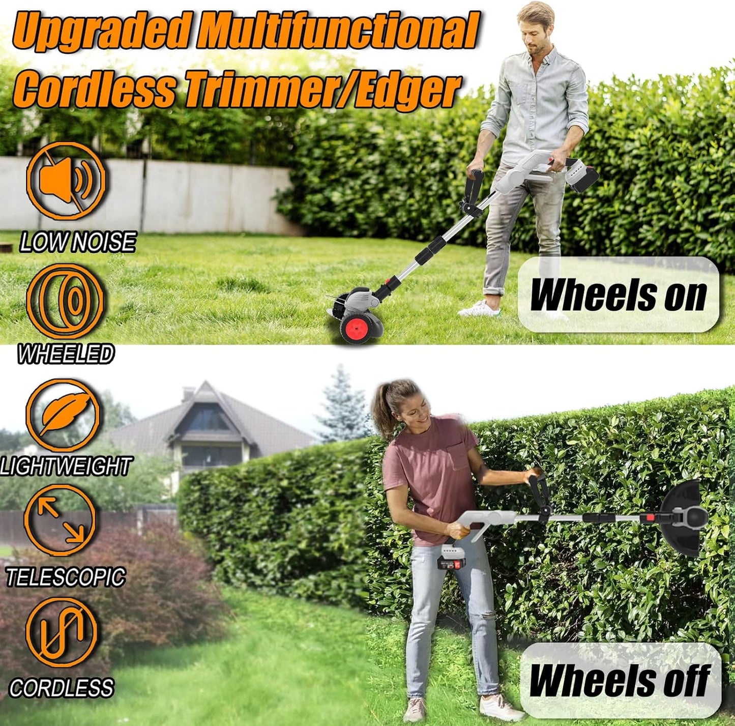 Electric Weed Wacker Eater,3-in-1 Cordless Weed Trimmer with 2 21V/4.0Ah Battery Operated & Fast Charger & 90Min Runtime, 3 Types of Blades for Thick Weeds/Edging/Mowing for Garden Yard -Grey